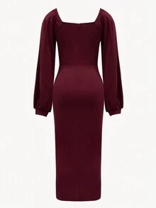 女士时尚优雅灯笼袖高开叉连衣裙 - 酒紅色 - 查看 5