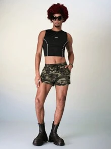 FeverCity Conjunto de camiseta sin mangas y pantalones cortos de camuflaje de ajuste delgado de color de contraste para hombres en verano - Multicolor - Ver 4