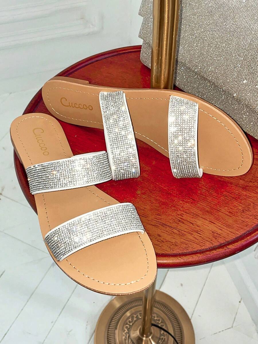 Fashionable Outdoors Flat Slippers For Women, Rhinestone Decor Twin Strap Fabric Open Toe Slide Sandals - White - View 1