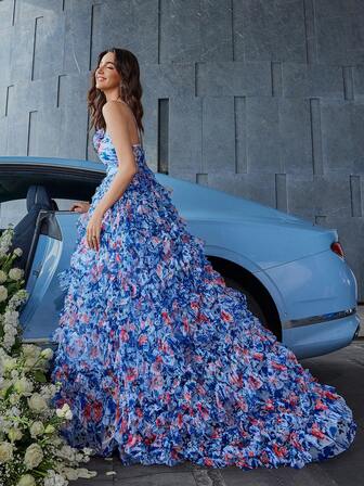 Multi-Color Mesh Printed Dress With Flounce Hem And Hollow Out Bust Cups Design, Perspective Back And 3D Flowers Decorated, Romantic And Beautiful