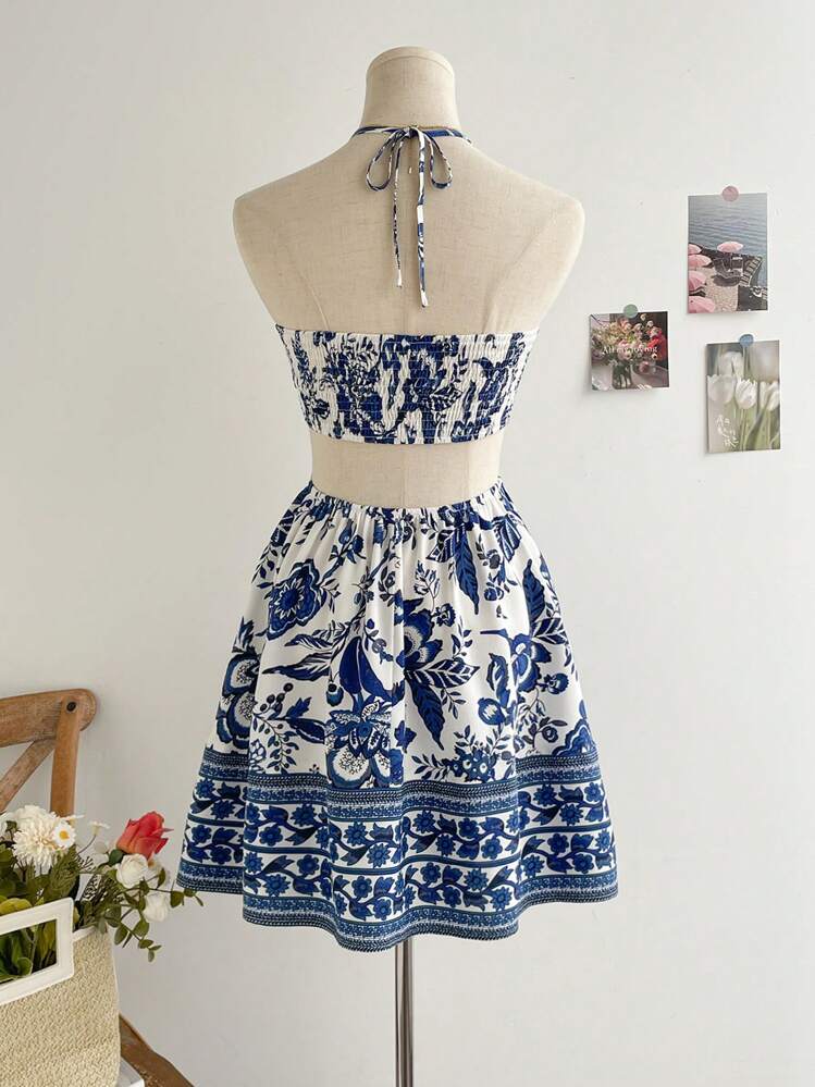 Soleia Vestido romántico de vacaciones casuales, azul y blanco, con estampado de flores, cuello halter, cintura ajustada y escote hueco para mujeres - Azul y blanco - Añade 2