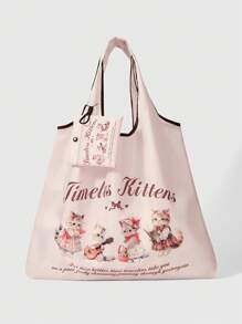 ROMWE Kawaii 2 件可爱猫咪卡通设计收纳袋大容量便携式可折叠购物手提袋带零钱包 848303