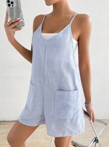 SHEIN EZwear Women's Summer Casual Striped Jumpsuit With Double Pockets