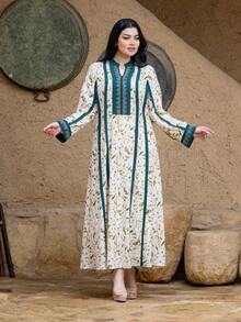 Women's Notched Neck Leaf Print Casual Arabic Style Dress - Multicolor - View 3