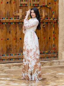 Damen Blumenprint Stand-Kragen Laternenhülse elegantes Kleid