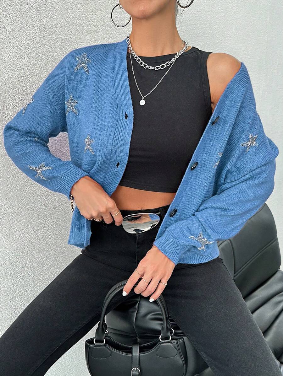 EURMUSE Star Print Open Front V-neck Cardigan With Drop Shoulders - Blue - View 1