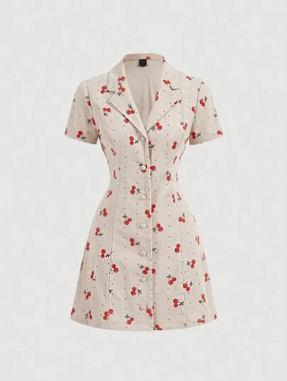 SHEIN MOD Cherry Printed Corduroy Princess Seamed Crop Sleeve Crop Dress With Lapel Collar And Front Button Placket, Summer