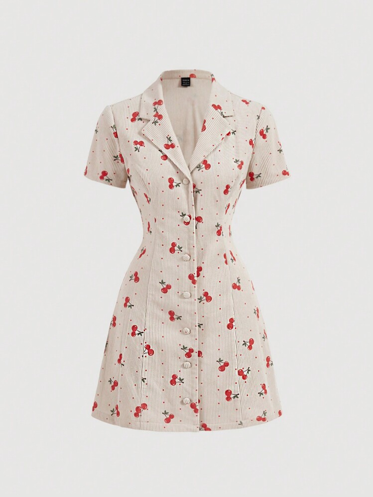 SHEIN MOD Vestido corto con mangas y corte de princesa, estampado de cerezas y cuello de solapa con botonadura frontal. Vestido de verano de tela de pana.