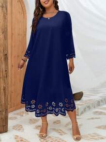 INAWLY Plus Laser Cut Scallop Trim Tunic Dress - Navy Blue - View 1