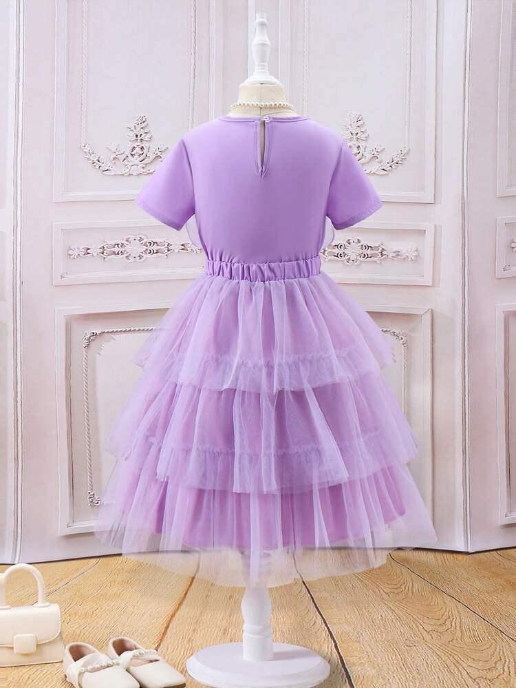 Toddler Girls' Top With 3D Flower Decorations And Mesh Skirt, 2pcs Set For An Elegant And  Look