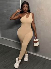Slaydiva Music Festival Casual One Shoulder Cut Out Bodycon Ribbed Summer Jumpsuit Unitard - Khaki - View 4
