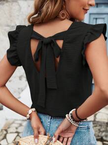 SHEIN Frenchy Women's Summer Vacation Solid Colored Back Cross Strap Ruffle Trim Blouse