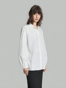 Ontre Blusa de manga larga de unicolor y estilo casual para mujer, camisa blanca de algodón con espalda descubierta y semi-formal, para usar en otoño, de vuelta al colegio, para uso diario - Blanco - Ver 8