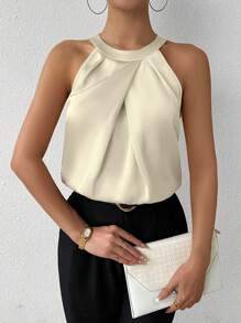SHEIN Privé Cămașă fără mâneci de culoare șampanie pentru femei, cu guler mandarin, pliuri și stil simplu și elegant, pentru ținuta zilnică de vară și de birou - Bej - Vizualizare 4