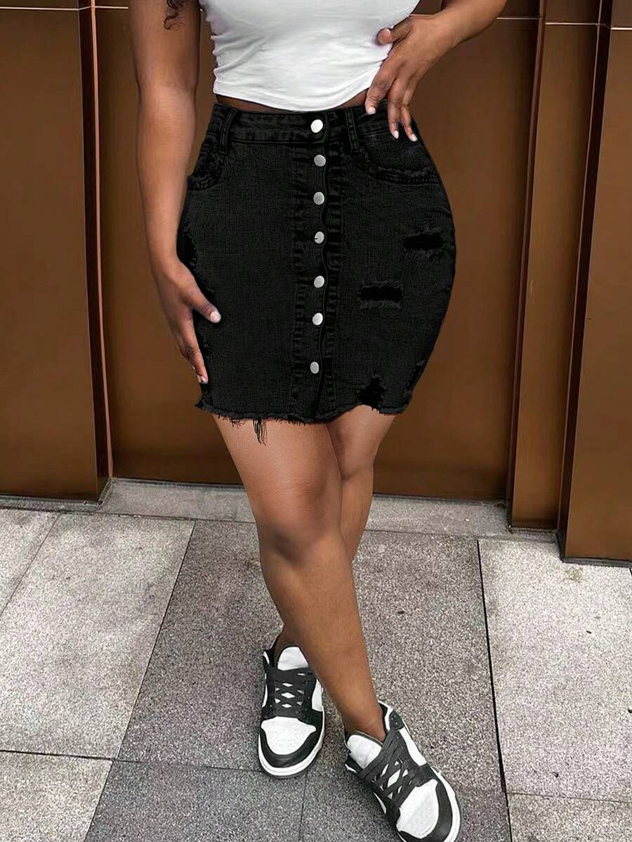 Sexy Stretchy Distressed Denim Pencil Skirt, Women's Casual Button Frayed Pocket Beach Denim Skirt, Summer Music Festival Denim Style - Black - View 1