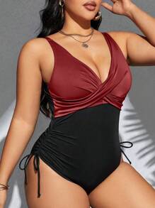 SHEIN Swim Curve Đồ bơi liền thân xếp ly thiết kế chữ thập phối màu cỡ lớn cho nữ mùa hè - Màu Đỏ Sâu - Xem 6