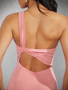 Hauture Women's Summer Sexy Solid Color Hollow Out Asymmetric Neck Backless Mermaid Bodycon Dress - Pink - View 6