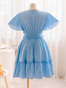 Soleia Plus Size Summer WYWH Casual Holiday Pastoral Romantic Blue Texture Ruffled Waist Dress - Blue - View 2