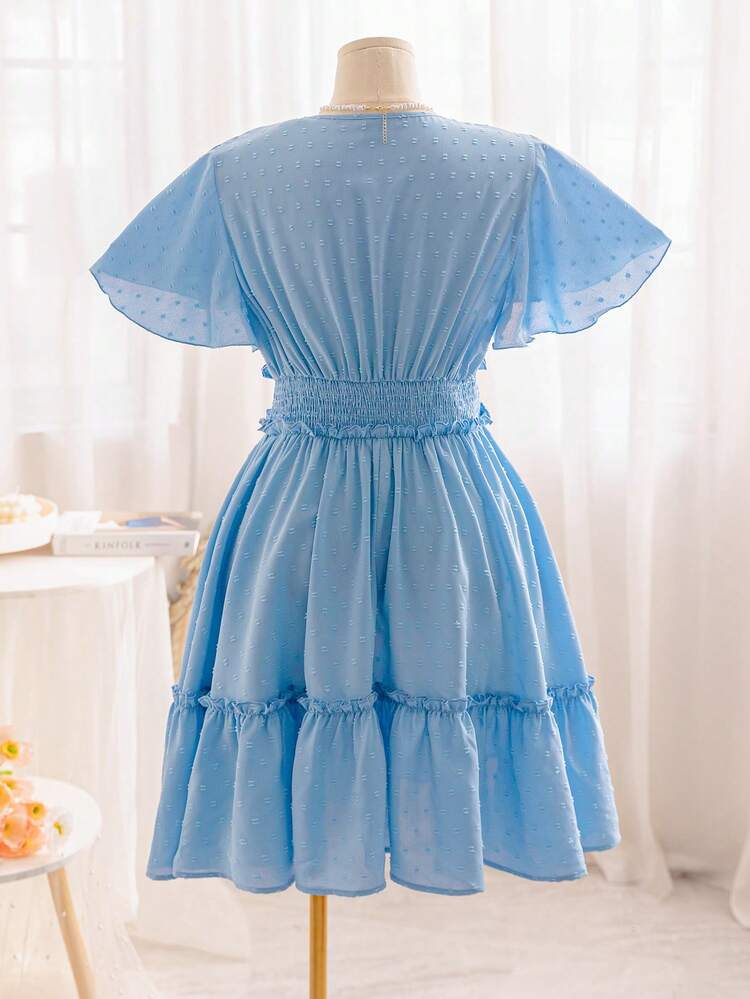 Plus Size Summer WYWH Casual Holiday Pastoral Romantic Blue Texture Ruffled Waist Dress