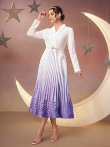 Modelyn Women's Gradient Color V-Neck Pleated Arab Dress Long Evening Dresses - Purple - View 6