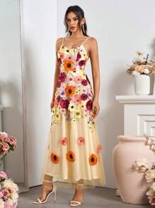 SHEIN Belle Vestido de festa de dança de salão para mulheres com alças finas e bordado em 3D de malha - Bege - Visão 3