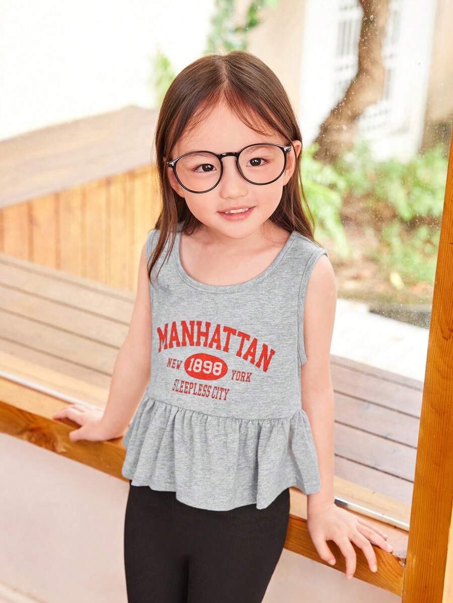 SHEIN Young Girl Korean Style Loose Fit Sleeveless Top With Round Neckline, Alphabet Pattern And Ruffle Trim - Light Grey - View 1