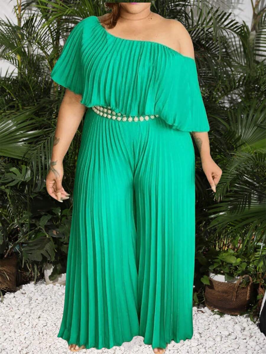 Slaydiva Vacation Green Off Shoulder Ruffle Neckline Pleated Long  Jumpsuit - Green - View 1