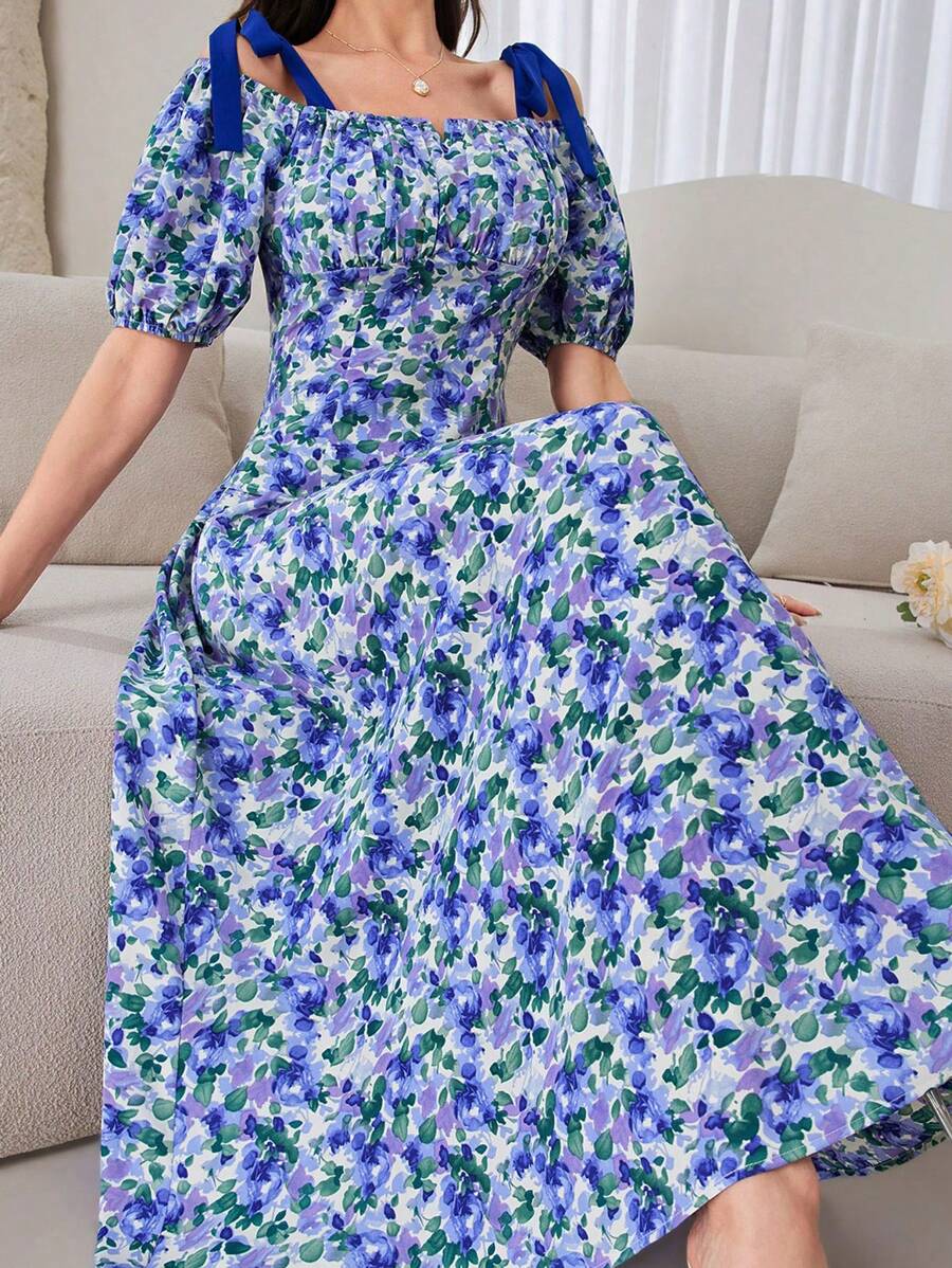 Modelyn 女式全身印花褶饰胸围结饰细肩带吊带上衣和半身裙套装，打造优雅夏日造型 - 藍色 - 查看 1