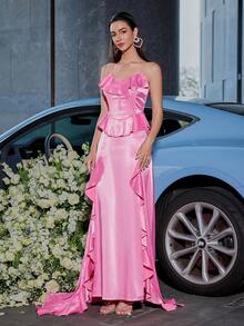 修身款緞面接拼亮片高衩荷葉邊領口地長晚會禮服派對裙 - 玫紅色 - 查看 3