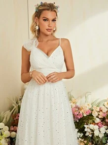 3D Rose Detail Contrast Mesh Formal Dress - Apricot - View 3