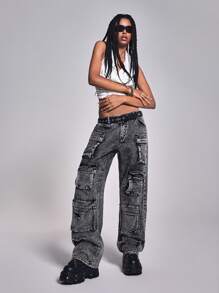 Casual Straight Leg Workwear Jeans, Washed And Distressed Low Rise Straight Leg Jeans - Dark Grey - View 7