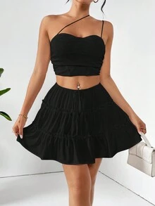 SHEIN Essnce SunmmerSolid Color Elastic Waist Ruffled Hem Skirt #Easter - Black - View 7
