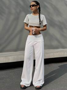 SHEIN EZwear Women Casual Solid Color Low Waist Wide Leg Pants - White - View 5