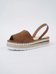 大码女式厚底坡跟凉鞋，夏季新款踝带露趾编织厚底凉鞋 - 棕色 - 查看 5