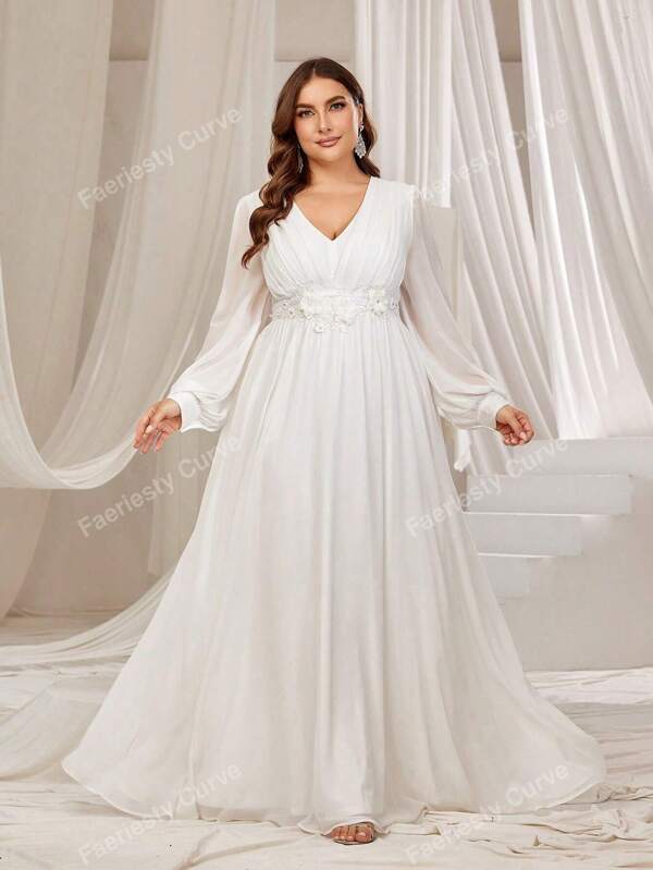 Faeriesty Brautkleid in großen Größen mit Applikationen, V-Ausschnitt und Laternenärmeln aus Chiffon, weißes elegantes Brautkleid mit langen Ärmeln für Braut