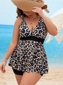 Swim Lushoire 2pcs/Set Plus Size Women Leopard Print Tankini Bathing Suit Summer - Multicolor - View 3
