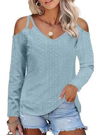 銀扣露肩V領T卹衣，春秋季節休閒長袖上衣，女裝服飾