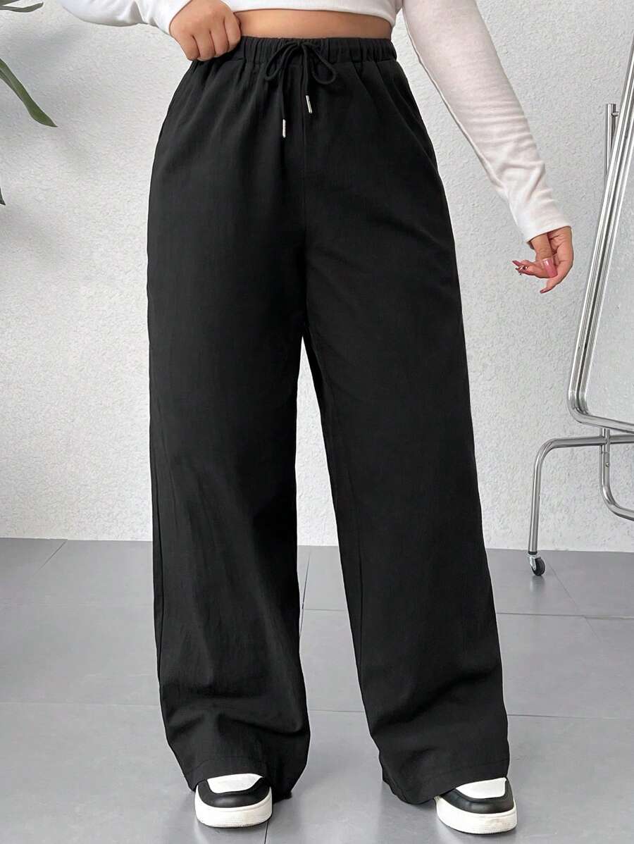 SHEIN EZwear Plus Size Elastic Waist Wide Leg Pants - Black - View 1