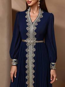 Women's Patchwork Webbing Long Sleeve Arabic Style Dress - Blue - View 3