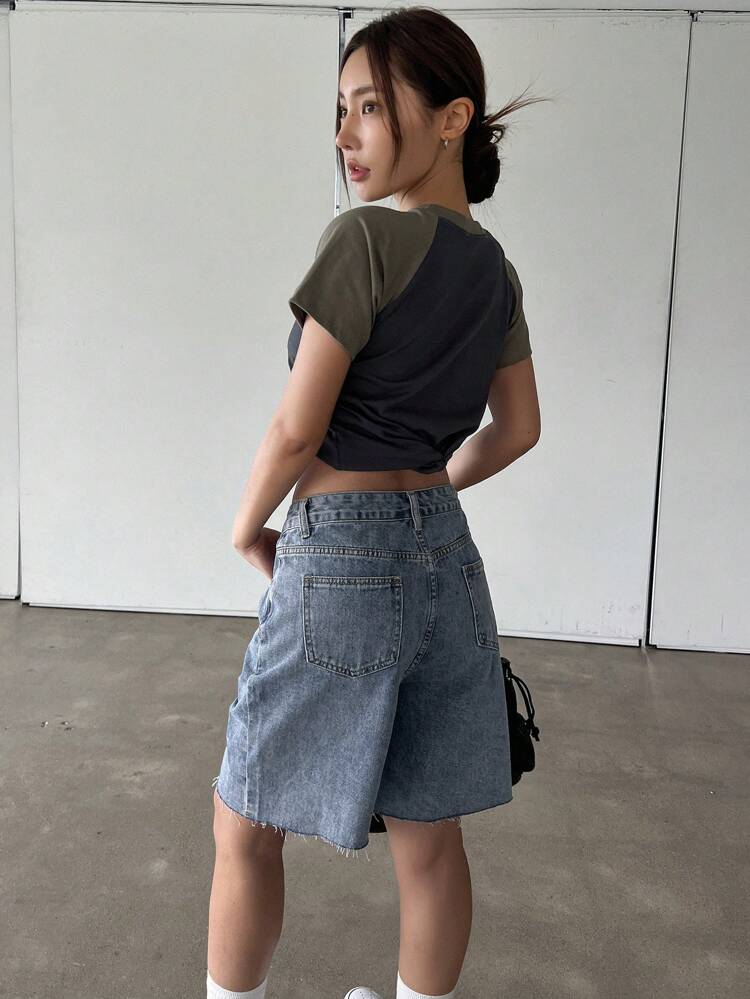 Straight Bermuda Shorts, Fringe Hem Women's Denim Shorts Summer Jorts