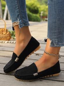 Casual Round Toe Slip-On Loafers, Solid Color, Comfortable, Breathable, Metal Buckle Accent, Hand-Sewn Lace, Black Fabric, Flat Soft Sole, Women Leisure Shoes, All Season