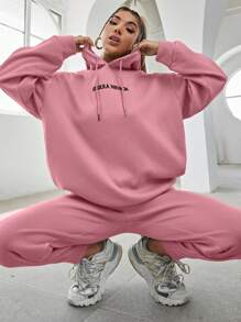RueChic Women'S Letter Embroidery Drawstring Hoodie And Sweatpants Two-Piece Set - Pink - View 1