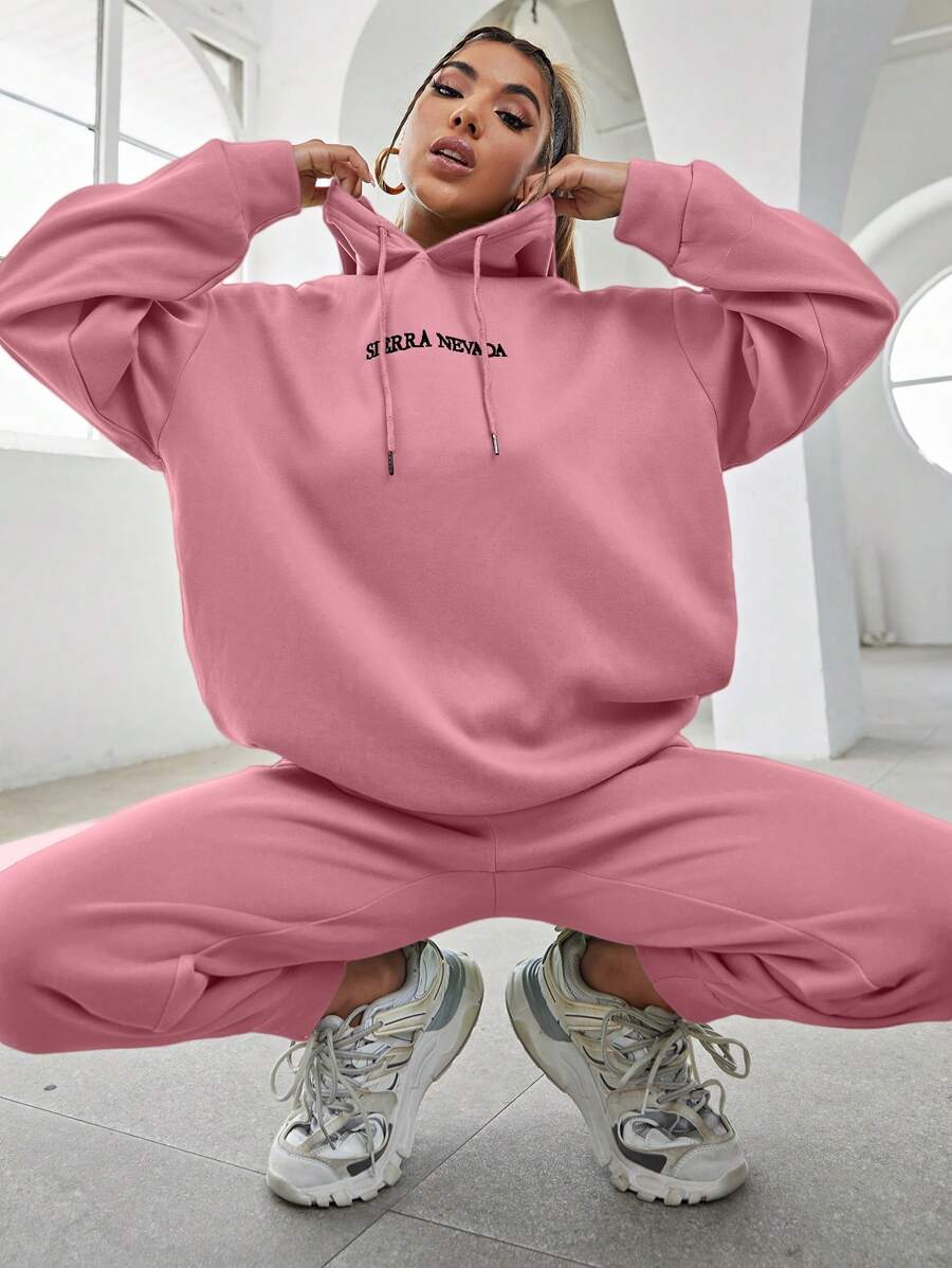 RueChic Women'S Letter Embroidery Drawstring Hoodie And Sweatpants Two-Piece Set - Pink - View 1