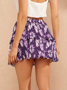 Hauture Falda plisada de capas con ribete de volantes de color morado tie-dye - Morado - Ver 2