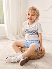 SHEIN 2件組舒適的彼得潘領短袖T恤和短褲，適合年輕男孩在校或生日派對穿著，夏季 - 白色 - 查看 1