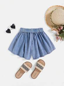 SHEIN 少女春夏水洗休闲宽松牛仔短裤，配腰带，适合演唱会穿着 - 淺色水洗藍 - 查看 2