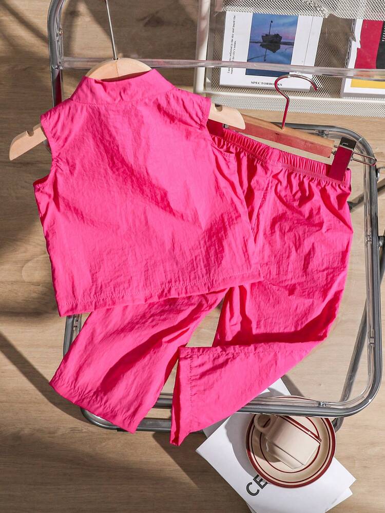 2pcs Baby Girls' Cargo Style Style Casual Cool Red Multi-Pocket Zipper Top And Cargo Pants Set, Suitable For Daily Wear