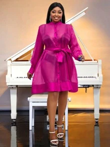 1入組大尺碼鈕扣前腰帶襯衫連衣裙 - 玫紅色 - 查看 1