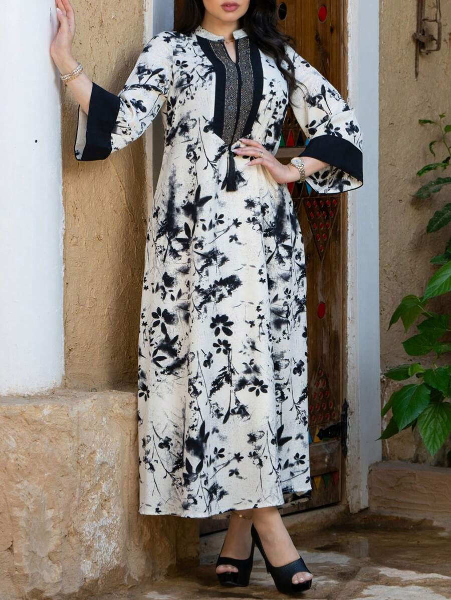 女士时尚宽松印花长款优雅阿拉伯长袖连衣裙，卡夫坦长袍，适合开斋节、假期和春季穿着