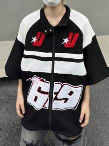 Manfinity Campus Court Aesthetic Post--Men's Casual Zipper Summer Short Sleeve Jacket - Black and White - View 4
